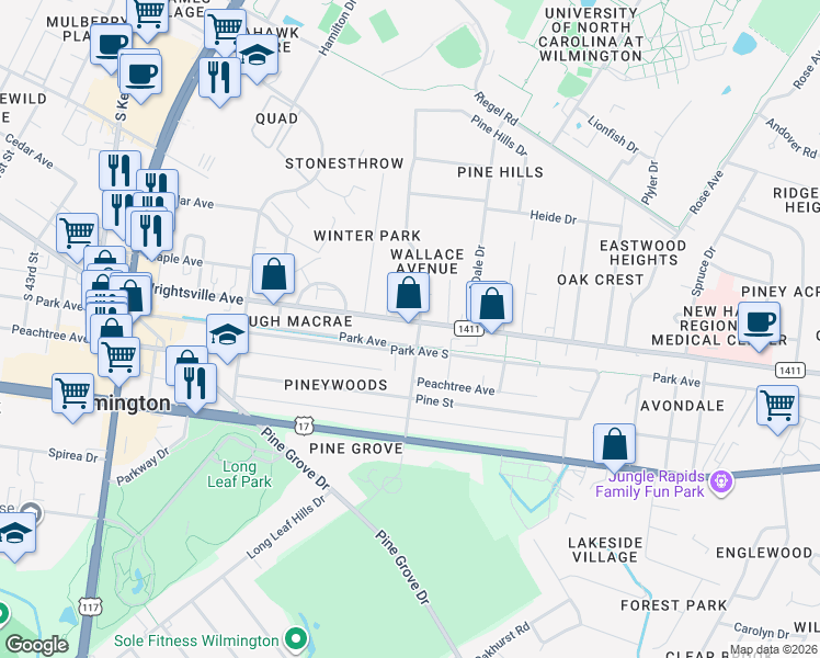 map of restaurants, bars, coffee shops, grocery stores, and more near 4948 1/2 Wrightsville Avenue in Wilmington