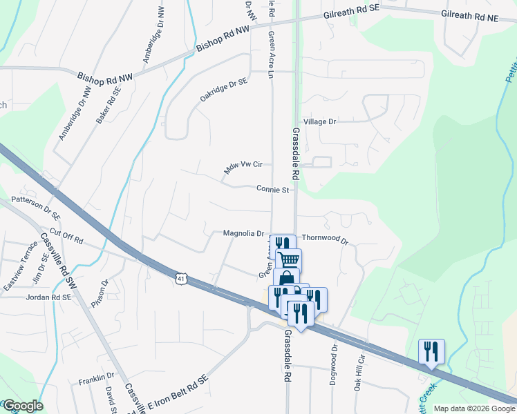 map of restaurants, bars, coffee shops, grocery stores, and more near 3 Terry Lane in Cartersville