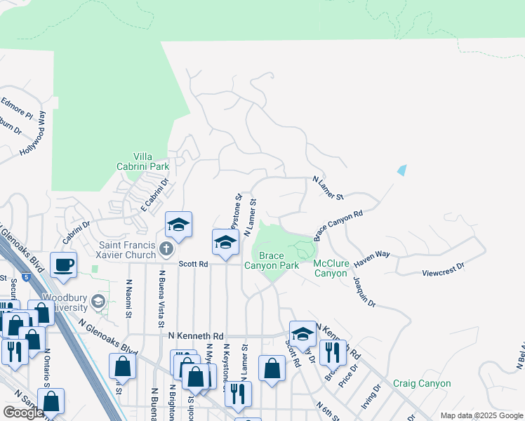 map of restaurants, bars, coffee shops, grocery stores, and more near 3003 Mesa Verde Drive in Burbank