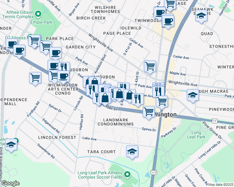 map of restaurants, bars, coffee shops, grocery stores, and more near 4118 Peachtree Avenue in Wilmington
