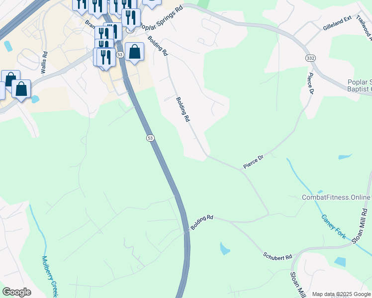 map of restaurants, bars, coffee shops, grocery stores, and more near 3788 Bolding Road in Flowery Branch