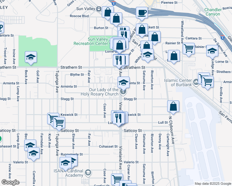 map of restaurants, bars, coffee shops, grocery stores, and more near 7817 Vineland Avenue in Los Angeles