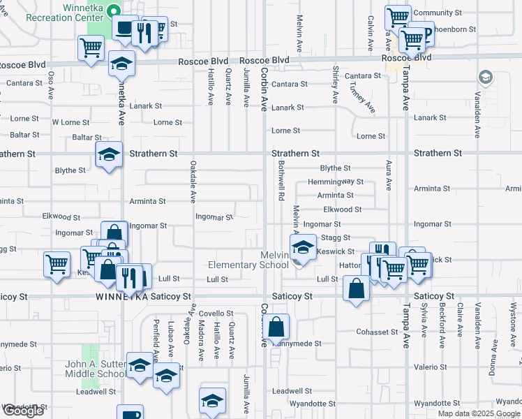 map of restaurants, bars, coffee shops, grocery stores, and more near 7825 Corbin Avenue in Los Angeles