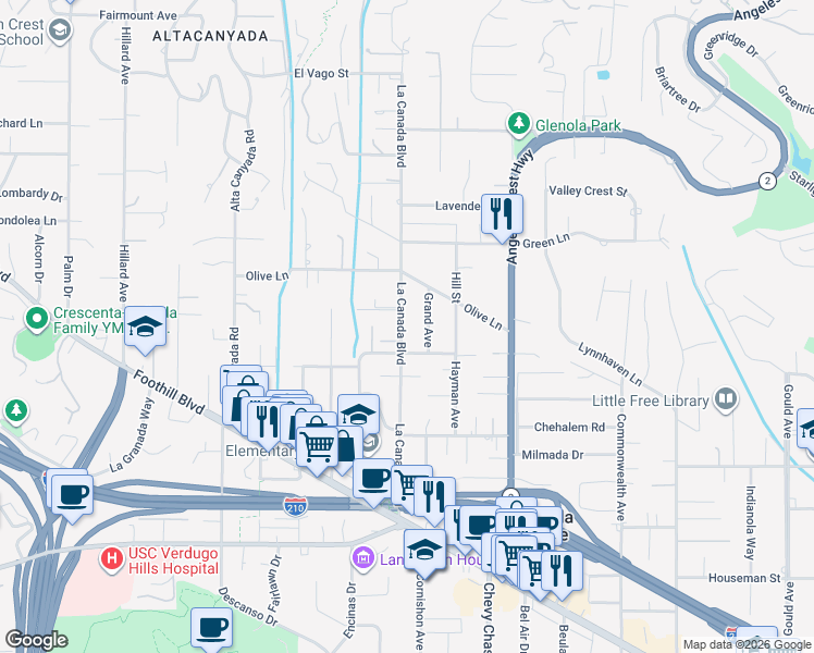 map of restaurants, bars, coffee shops, grocery stores, and more near 4824 La Canada Boulevard in La Cañada Flintridge