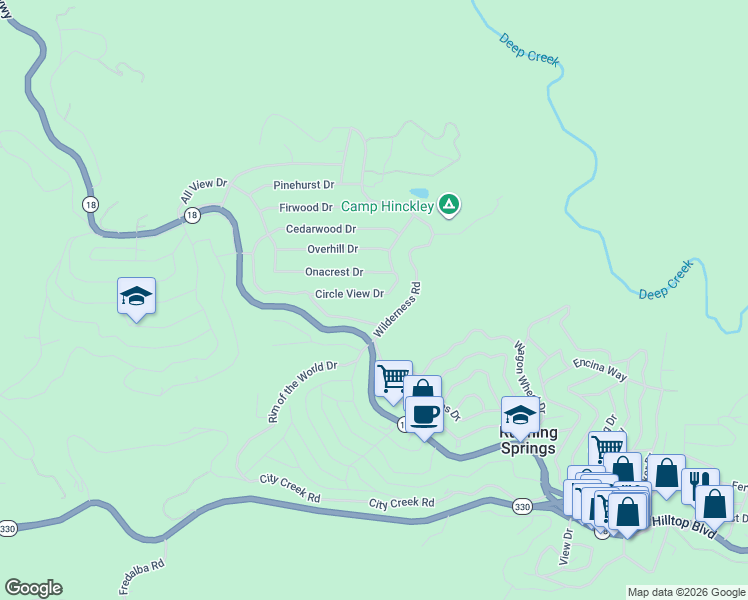 map of restaurants, bars, coffee shops, grocery stores, and more near 31509 Circle View Drive in Running Springs