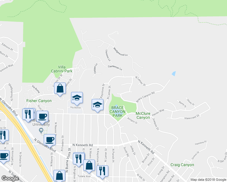 map of restaurants, bars, coffee shops, grocery stores, and more near 3003 Mesa Verde Drive in Burbank