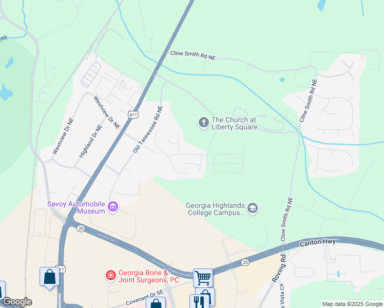 map of restaurants, bars, coffee shops, grocery stores, and more near 19 Liberty Crossing Drive Northeast in Cartersville