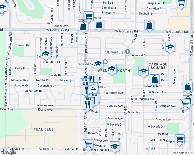 map of restaurants, bars, coffee shops, grocery stores, and more near 1315 Edgewood Way in Oxnard
