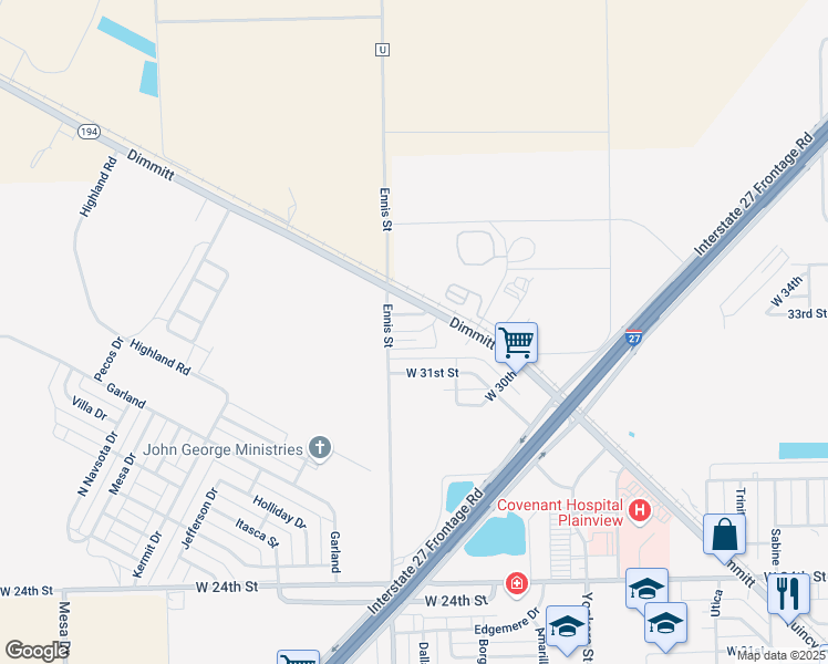 map of restaurants, bars, coffee shops, grocery stores, and more near Ennis Street in Plainview