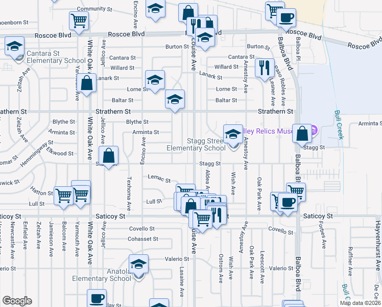 map of restaurants, bars, coffee shops, grocery stores, and more near 7823 Louise Avenue in Los Angeles