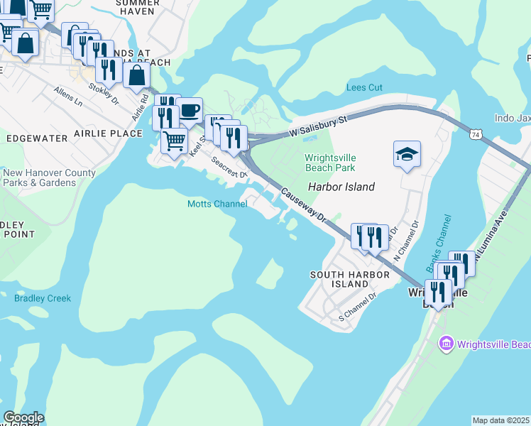 map of restaurants, bars, coffee shops, grocery stores, and more near 330 Causeway Drive in Wrightsville Beach