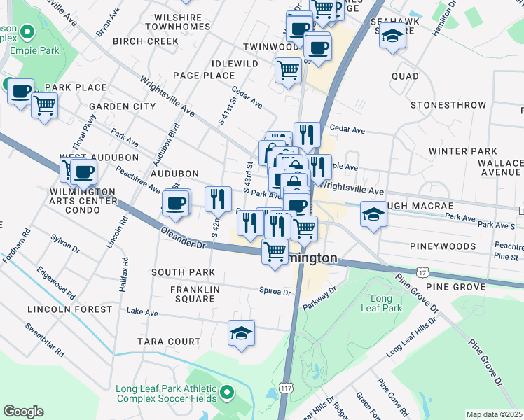map of restaurants, bars, coffee shops, grocery stores, and more near 4311 Peachtree Avenue in Wilmington