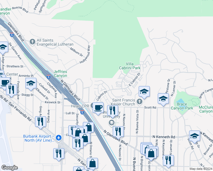map of restaurants, bars, coffee shops, grocery stores, and more near 9772 Vía Roma in Burbank