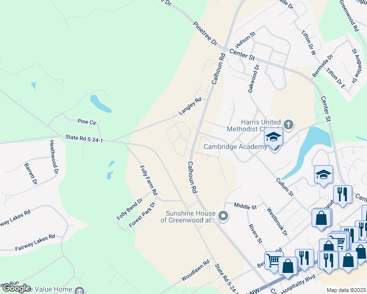 map of restaurants, bars, coffee shops, grocery stores, and more near 1713-1799 Calhoun Road in Greenwood