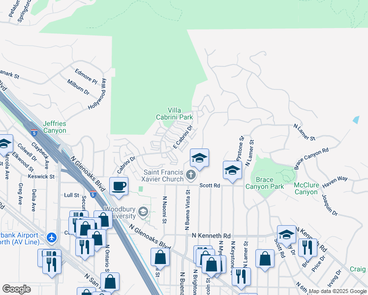 map of restaurants, bars, coffee shops, grocery stores, and more near 9442 Vía Venezia in Burbank