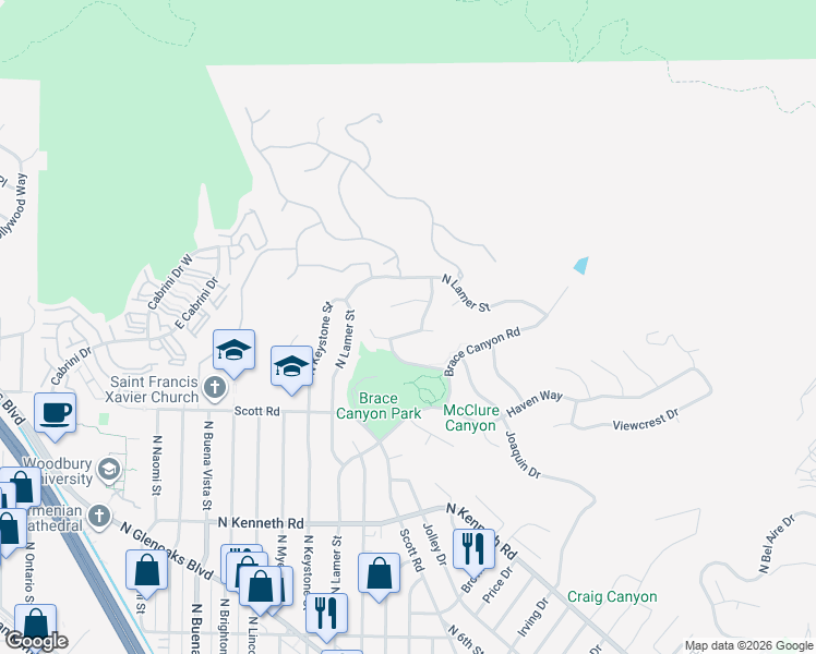 map of restaurants, bars, coffee shops, grocery stores, and more near 3138 Highland View Drive in Burbank