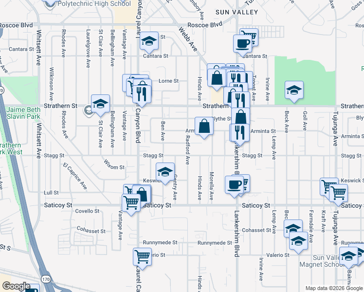 map of restaurants, bars, coffee shops, grocery stores, and more near 11912 Elkwood Street in Los Angeles
