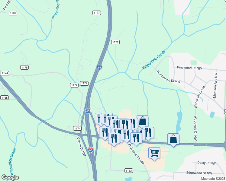 map of restaurants, bars, coffee shops, grocery stores, and more near 1801 Highland Drive Northwest in Cullman