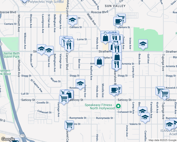 map of restaurants, bars, coffee shops, grocery stores, and more near 7854 Radford Avenue in Los Angeles