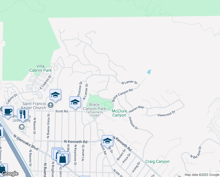 map of restaurants, bars, coffee shops, grocery stores, and more near 3147 Mesa Verde Drive in Burbank