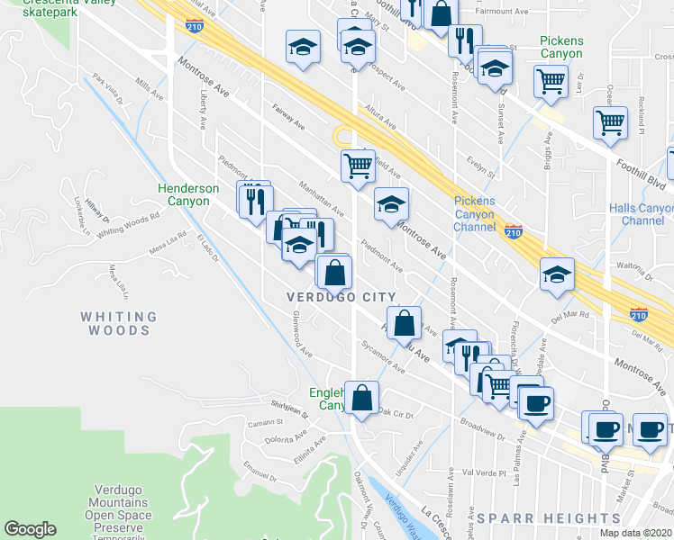 map of restaurants, bars, coffee shops, grocery stores, and more near 2806 Piedmont Avenue in Glendale