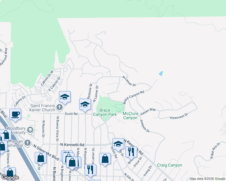 map of restaurants, bars, coffee shops, grocery stores, and more near 3138 Highland View Drive in Burbank