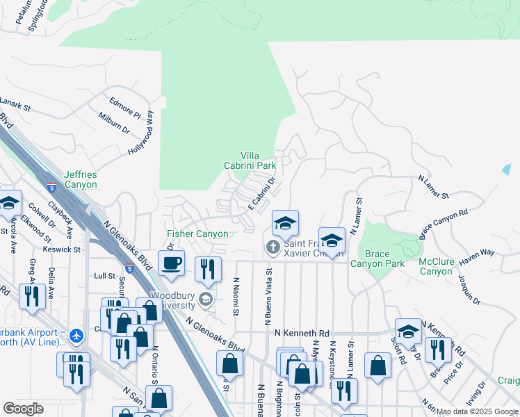 map of restaurants, bars, coffee shops, grocery stores, and more near 9442 Vía Venezia in Burbank