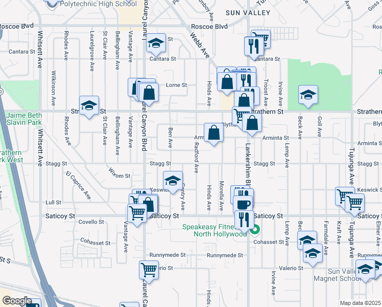 map of restaurants, bars, coffee shops, grocery stores, and more near 7854 Radford Avenue in Los Angeles