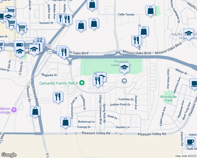 map of restaurants, bars, coffee shops, grocery stores, and more near 202 Village Commons Boulevard in Camarillo