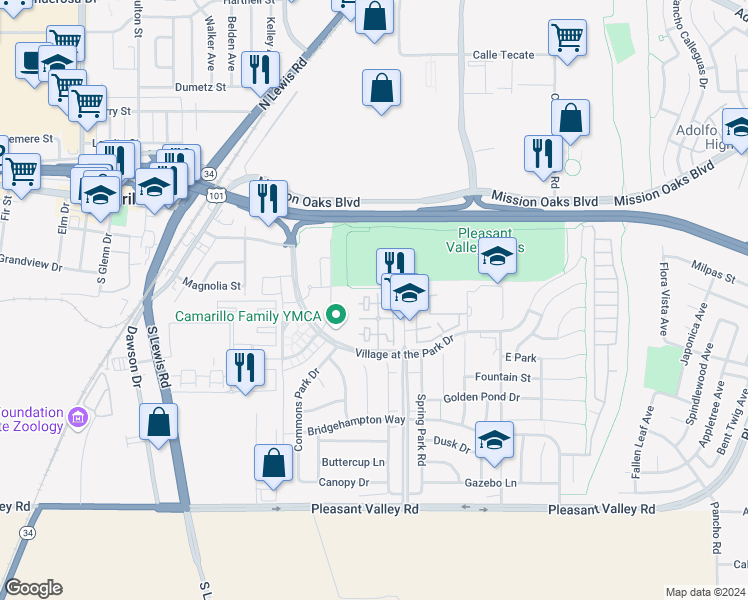 map of restaurants, bars, coffee shops, grocery stores, and more near 209 Riverdale Court in Camarillo