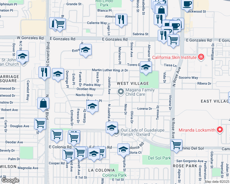 map of restaurants, bars, coffee shops, grocery stores, and more near 1041 Cesar Chavez Drive in Oxnard