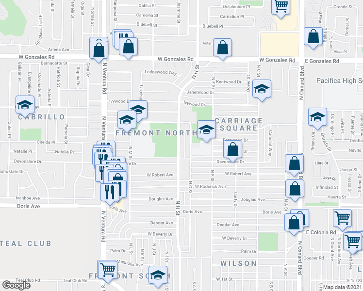 map of restaurants, bars, coffee shops, grocery stores, and more near 1201 North G Street in Oxnard