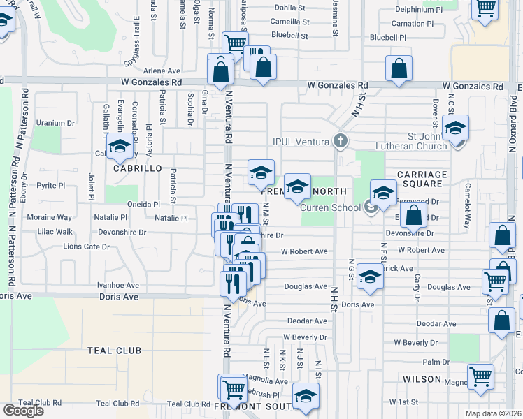 map of restaurants, bars, coffee shops, grocery stores, and more near 1338 Fremont Way in Oxnard