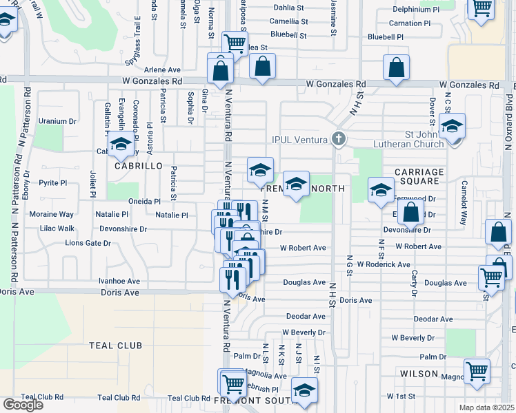 map of restaurants, bars, coffee shops, grocery stores, and more near 1338 Fremont Way in Oxnard