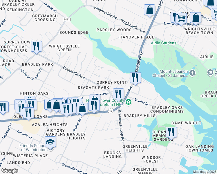 map of restaurants, bars, coffee shops, grocery stores, and more near 1606 Fish Hawk Court in Wilmington