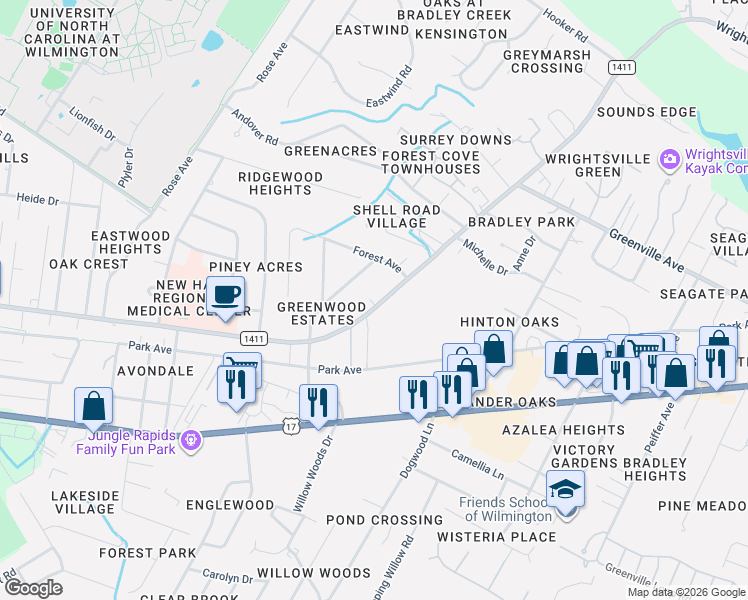 map of restaurants, bars, coffee shops, grocery stores, and more near 5595 Wrightsville Avenue in Wilmington
