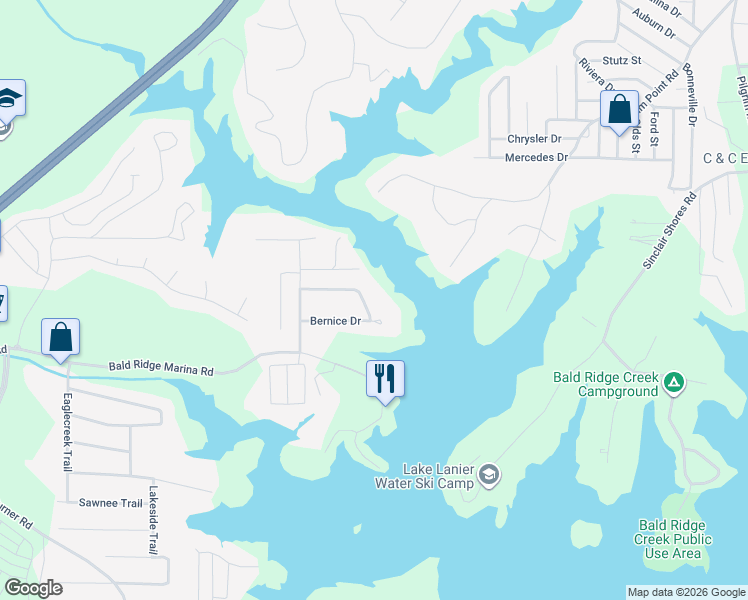 map of restaurants, bars, coffee shops, grocery stores, and more near 2115 Shaffer Road in Cumming