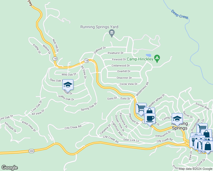 map of restaurants, bars, coffee shops, grocery stores, and more near 31321 Circle View Drive in Running Springs