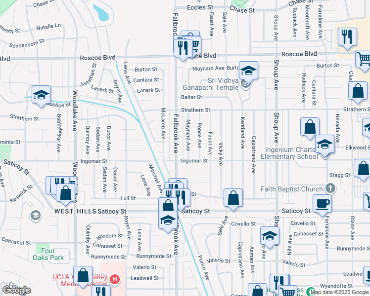 map of restaurants, bars, coffee shops, grocery stores, and more near 7854 Fallbrook Avenue in Los Angeles