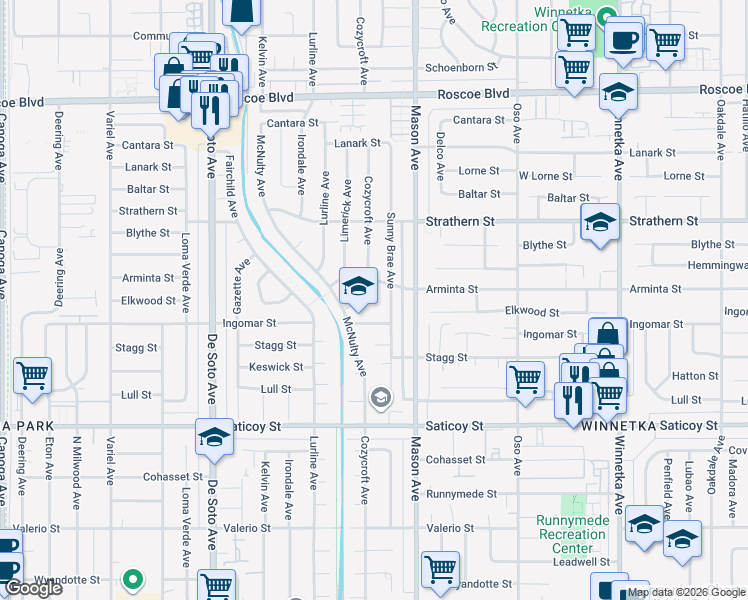 map of restaurants, bars, coffee shops, grocery stores, and more near 20620 Arminta Street in Los Angeles