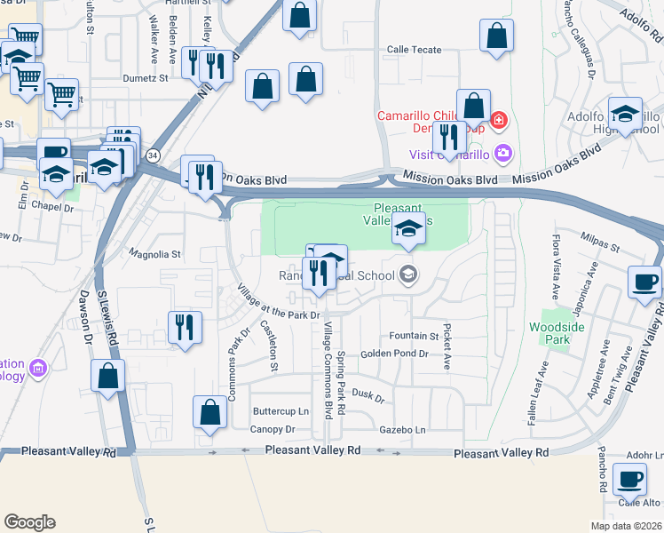 map of restaurants, bars, coffee shops, grocery stores, and more near 2 Camarillo Street in Camarillo