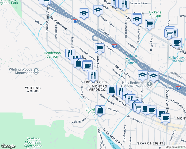 map of restaurants, bars, coffee shops, grocery stores, and more near 2812 Hermosa Avenue in Glendale