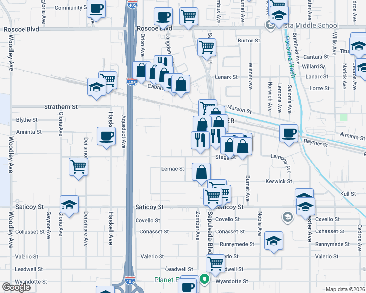 map of restaurants, bars, coffee shops, grocery stores, and more near 7822 Peach Avenue in Los Angeles