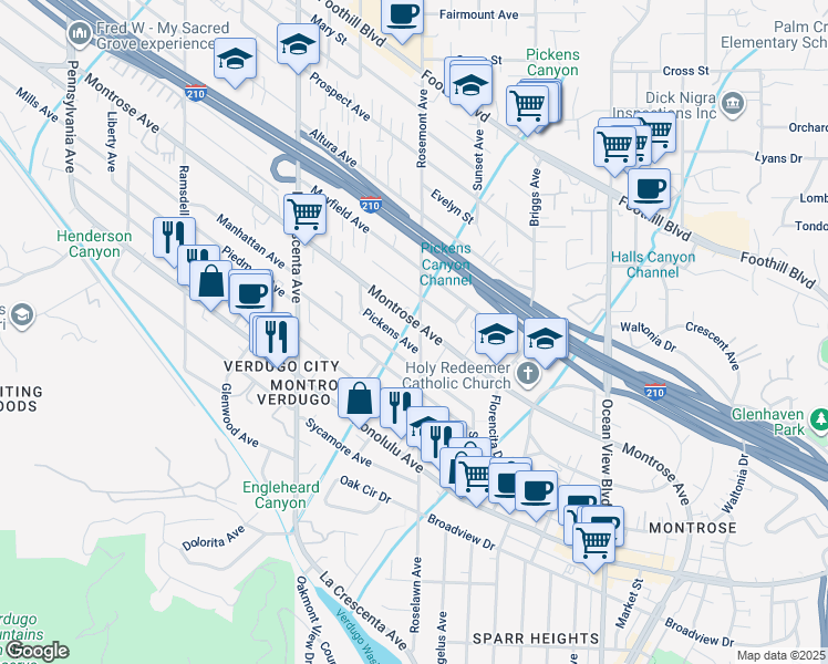 map of restaurants, bars, coffee shops, grocery stores, and more near 4053 Rosemont Avenue in Glendale