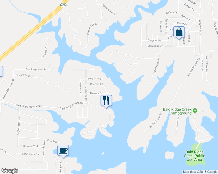 map of restaurants, bars, coffee shops, grocery stores, and more near 2115 Shaffer Road in Cumming