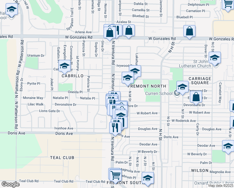 map of restaurants, bars, coffee shops, grocery stores, and more near 1160 North Ventura Road in Oxnard