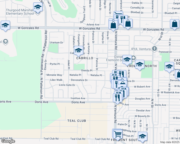 map of restaurants, bars, coffee shops, grocery stores, and more near 1920 Oneida Place in Oxnard