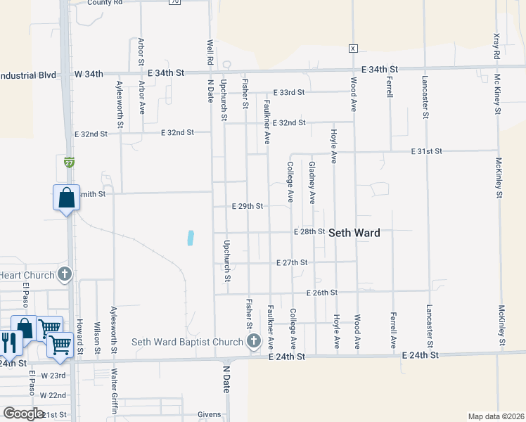 map of restaurants, bars, coffee shops, grocery stores, and more near 2901 Faulkner Avenue in Plainview