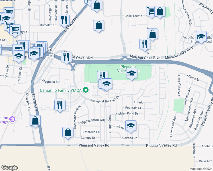 map of restaurants, bars, coffee shops, grocery stores, and more near 202 Village Commons Boulevard in Camarillo