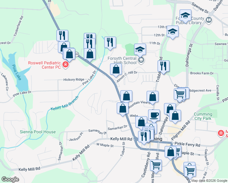 map of restaurants, bars, coffee shops, grocery stores, and more near 334 Canton Road in Cumming